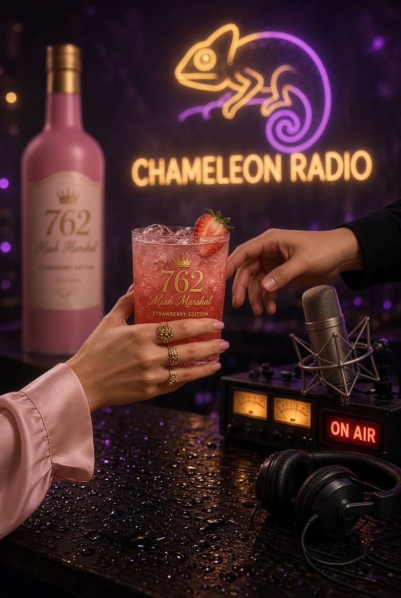 Pink satin hand passing a 762 glass across the Chameleon Radio desk