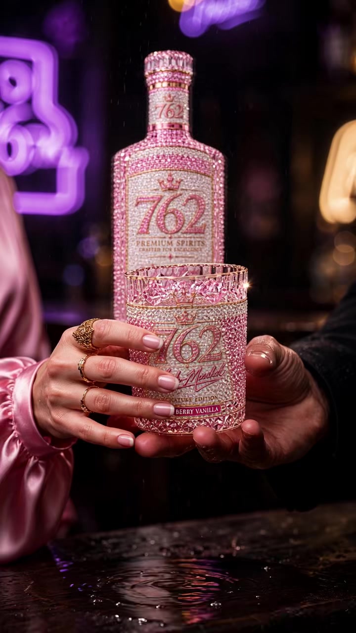 Crystal 762 glass passed across a wet bar, rhinestone bottle behind