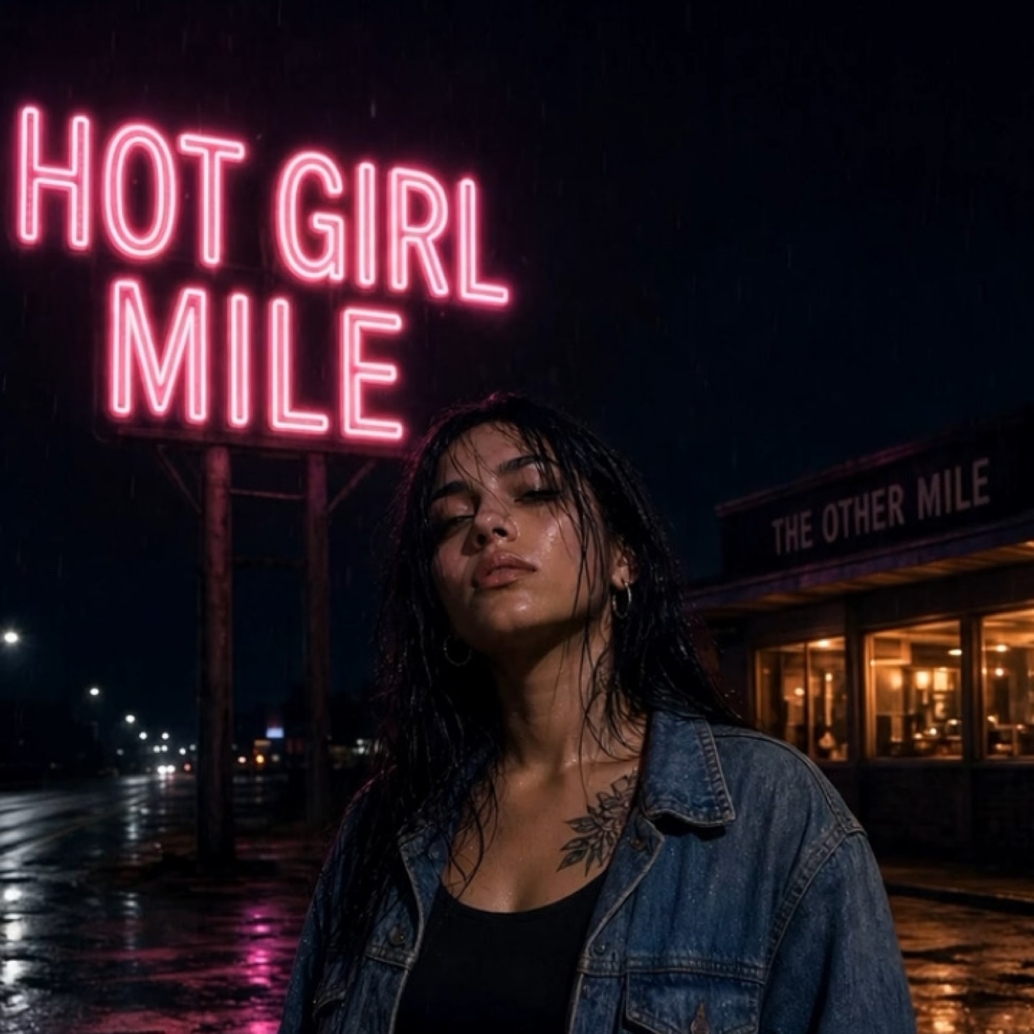 Hot Girl Mile neon over the wet road, Miah at The Other Mile