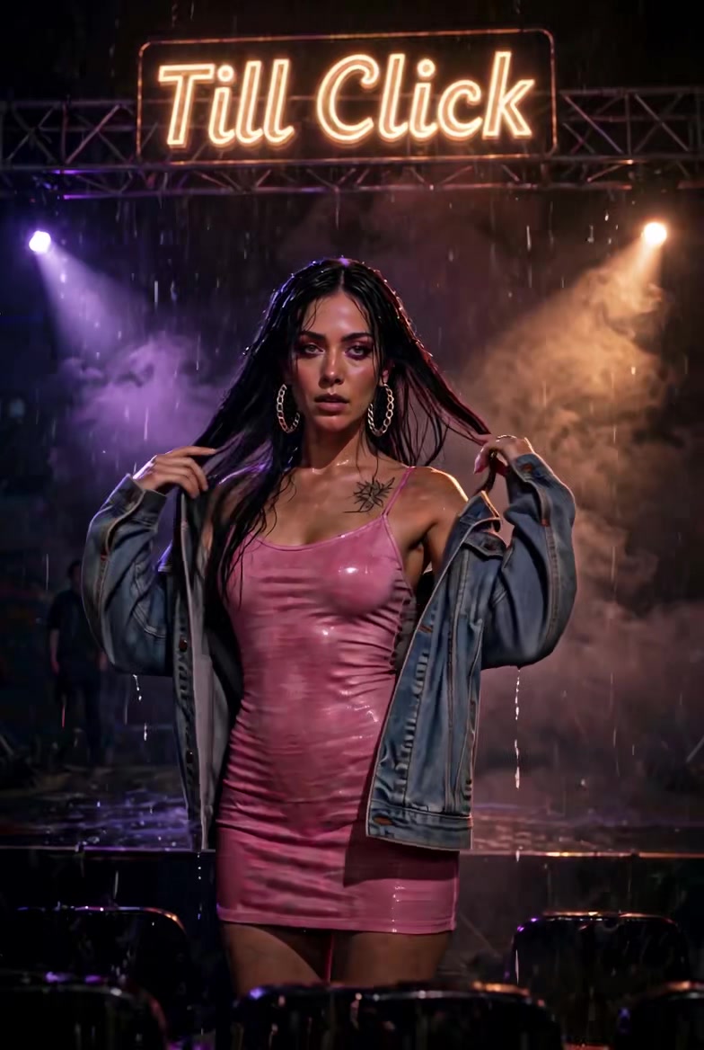 Miah Marshal in rain under the Till Click neon, denim jacket off the shoulders