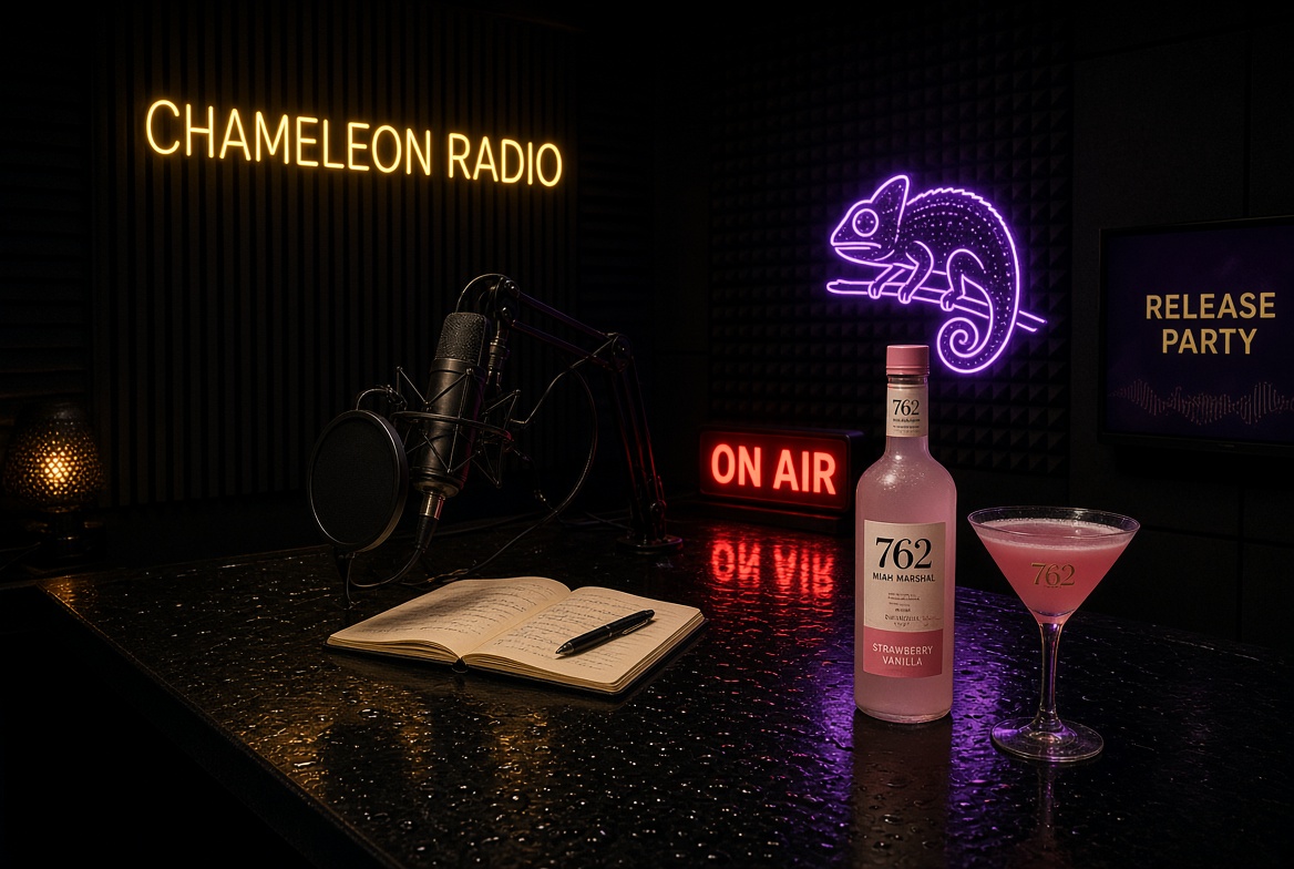 Chameleon Radio desk with microphone, on-air light, and 762 bottle
