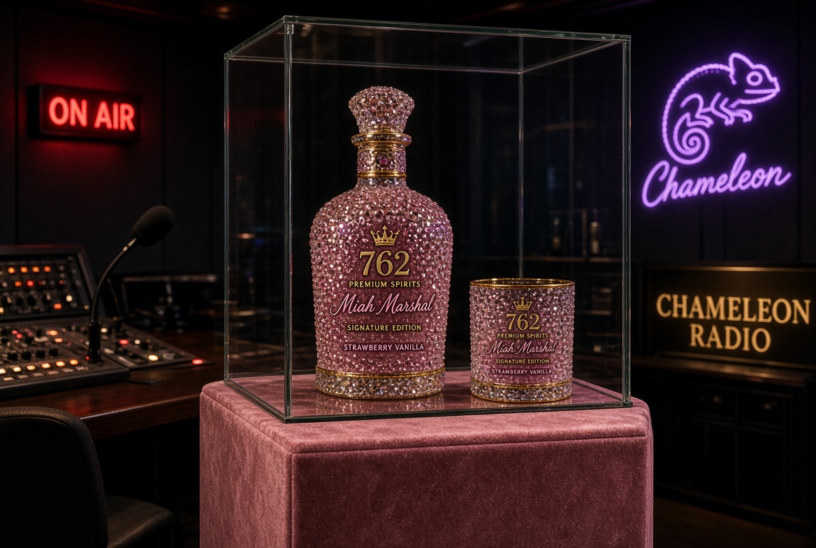 Rhinestone 762 bottle and glass in a case inside the Chameleon Radio studio